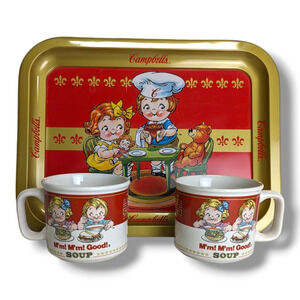 Campbells Soup Kids (2) 14oz Soup Cups / Mugs & Metal Serving Tray 1997 1998